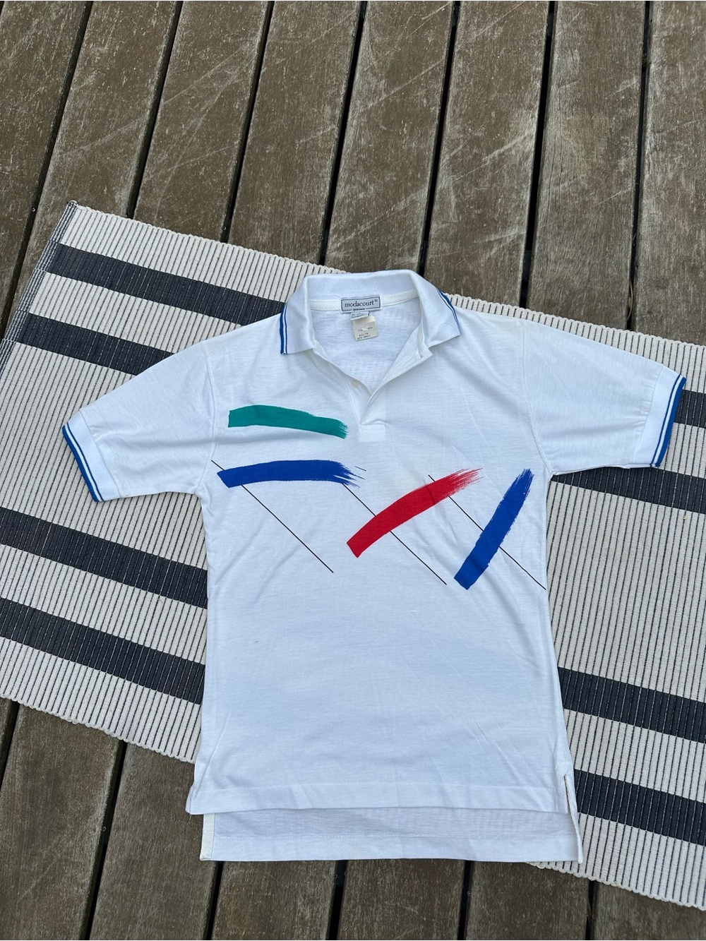 Vintage White Polo with art deco Colorful Brushstroke Design